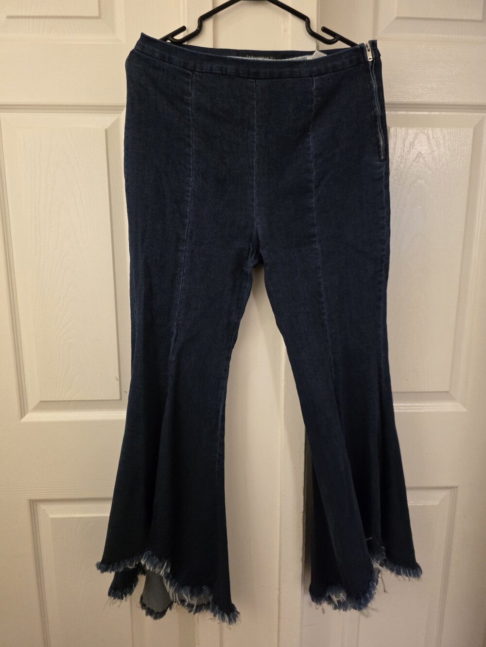High-Rise Dark Blue Flare Jeans with Frayed Hem